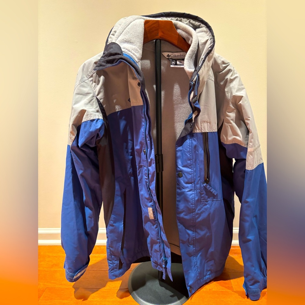 Columbia Boys Size 18/20 Interchange Jacket Blue Gray Fleece Liner Hooded Coat